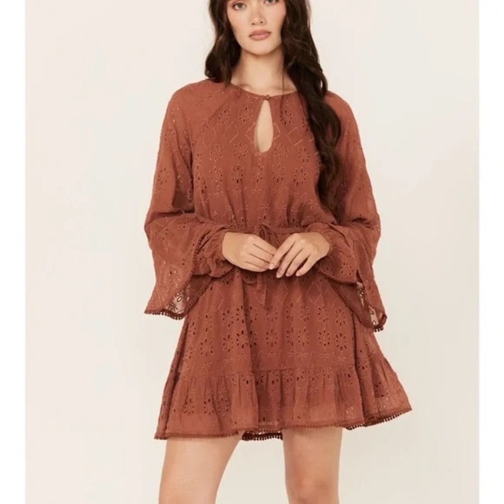 Shyanne Rust Brown Eyelet Tie-Neck Bell Sleeve Mini Dress